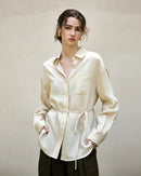 Women's French chic linen blouse - autumn-ready long sleeves, turn-down collar and single-breasted design, casual loose fit perfect for office lady styling, work meetings or refined weekend outings.