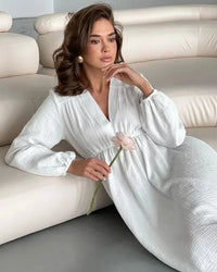 Women's elegant  cotton muslin dress – long sleeves, V-neck design, versatile for casual outings, parties, holidays, or beach getaways.