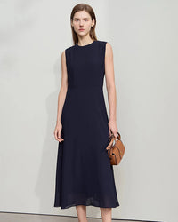 Minimalist Elegant Dress Summer Collection features round neck, sleeveless design with slim waist and long silhouette, perfect office lady style for professional daily wear.