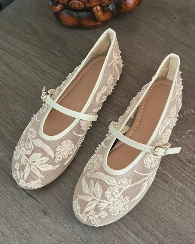 Embroidered Strappy Ballet Flats