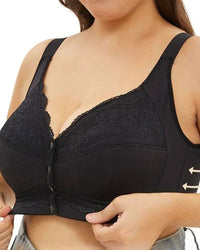 Full-figure lace bra with easy-close front clasp, side-support slings and power-mesh wings minimize spill for European & American sizes 34–50.
