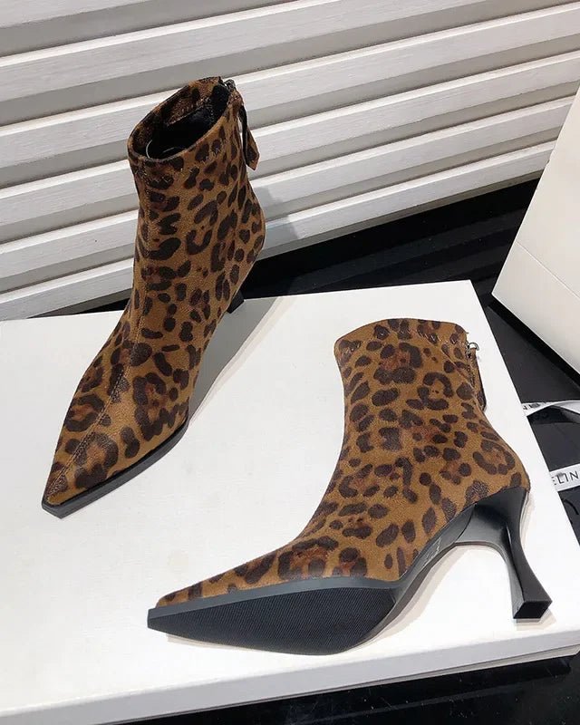 Fashionable Leopard Print Ball High-Heeled Ankle Boots