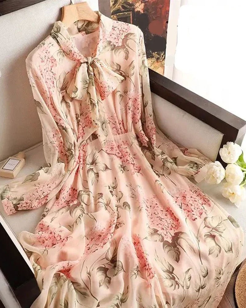 Floral Print Chiffon Bow Neck Long Sleeve Dress – Gentle Herde