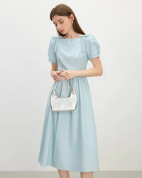 French-style dress for women - square neck, bow detail and slim-fit midi length, perfect for summer brunch, dates or casual elegant outings.