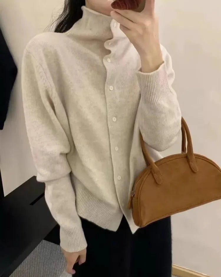 French-Style High-Neck Cashmere Knitted Cardigan