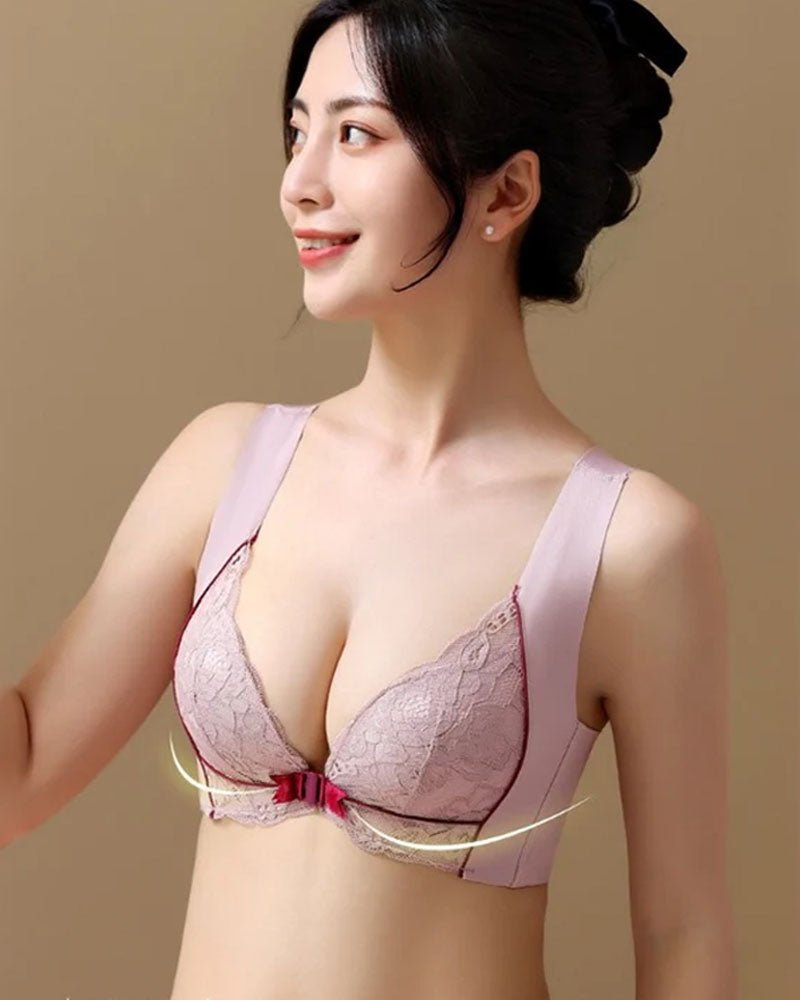 Front-fastening push-up bra to minimize side breast tissue