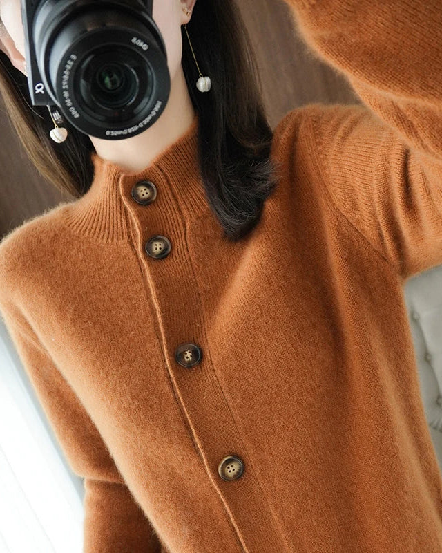 Pure Wool Half-High Collar Solid Slim Knit Cardigan