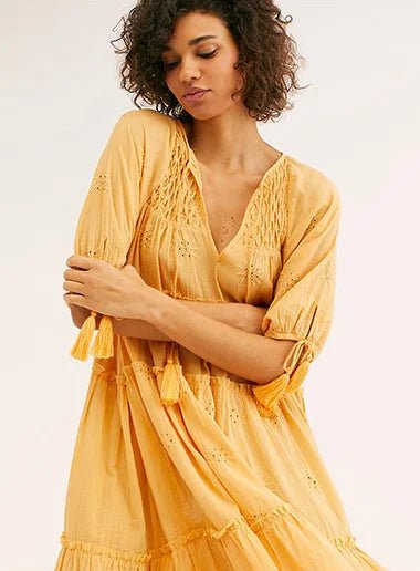 V-Neck Half Sleeve Vintage Boho Loose Cotton Dress