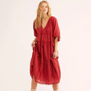 V-Neck Half Sleeve Vintage Boho Loose Cotton Dress