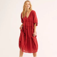 V-Neck Half Sleeve Vintage Boho Loose Cotton Dress