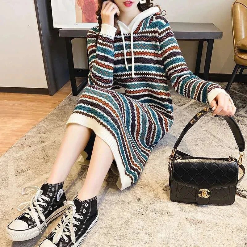 Oversized Striped Knitted Hooded Dress