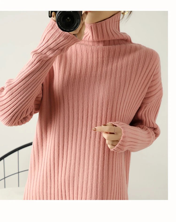 Ribbed Knit Turtleneck Wool Sweater