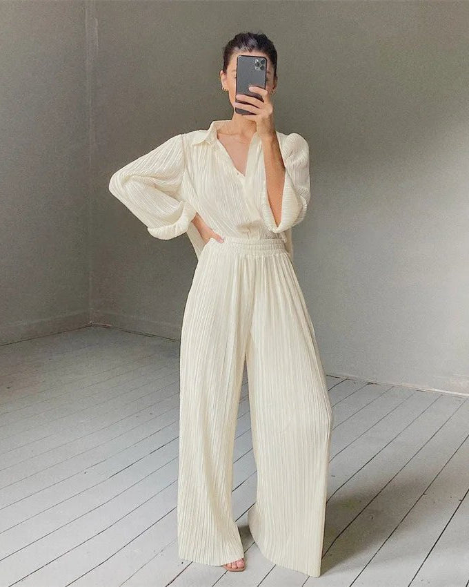 Pleated Blouse & Wide Leg Pants Set