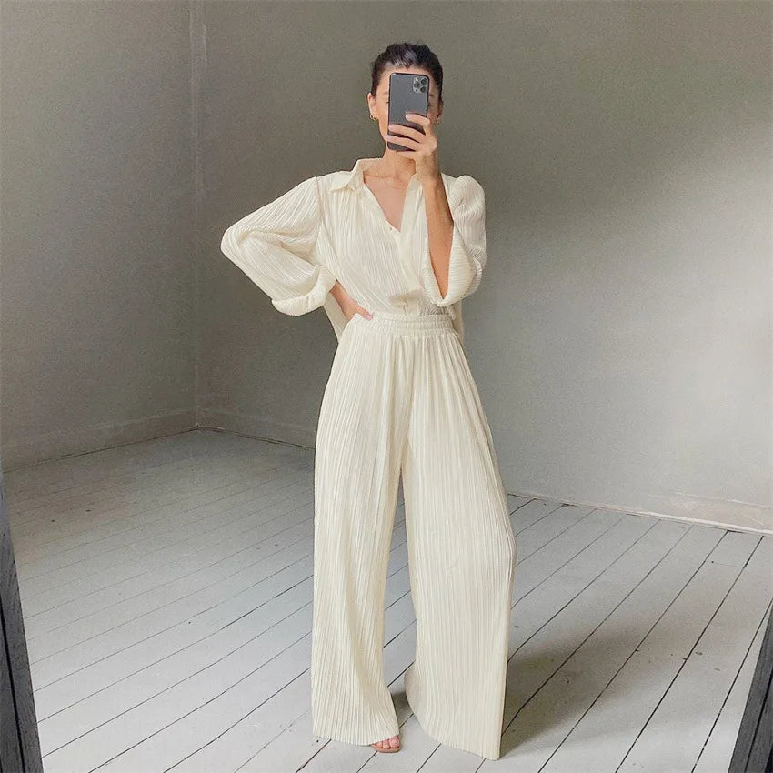 Pleated Blouse & Wide Leg Pants Set