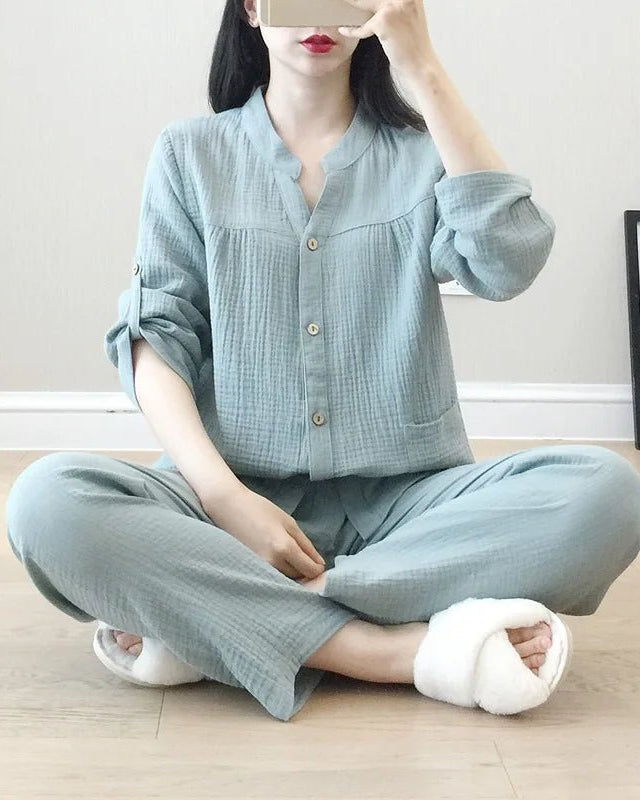 Long Sleeve Shirt & Trouser Cotton Pajamas Suit