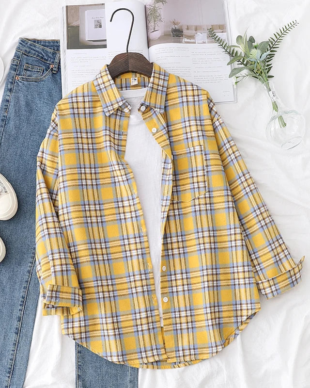 Plaid Lapel Single-Breasted Loose Shirt