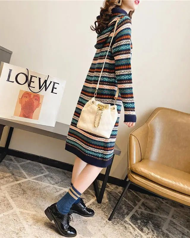 Oversized Striped Knitted Hooded Dress