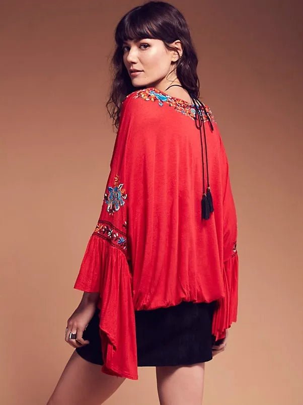 Vintage Embroidery Floral Flare Sleeve Boho Shirt Top
