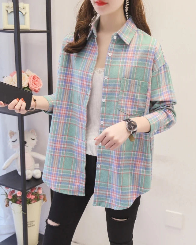 Plaid Lapel Single-Breasted Loose Shirt