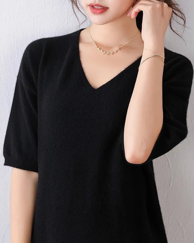 V-Neck Short-Sleeved Wool Knitted Dress