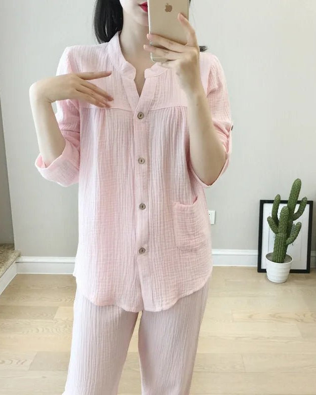 Long Sleeve Shirt & Trouser Cotton Pajamas Suit