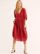V-Neck Half Sleeve Vintage Boho Loose Cotton Dress