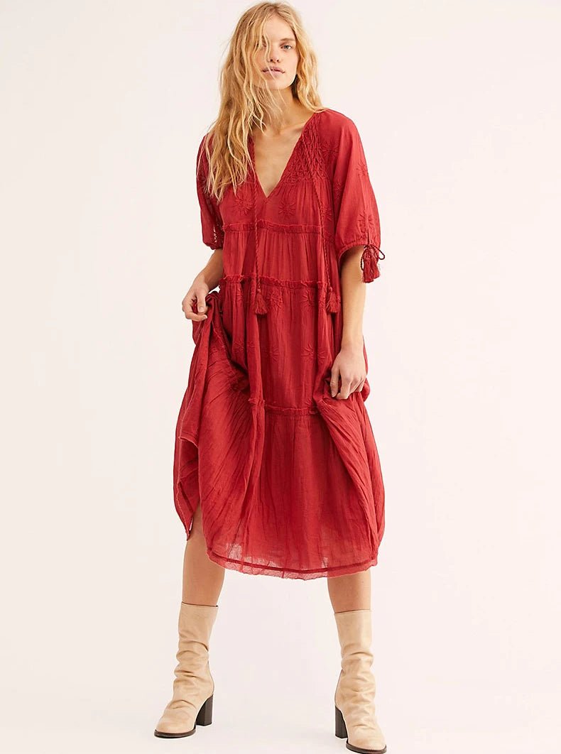 V-Neck Half Sleeve Vintage Boho Loose Cotton Dress