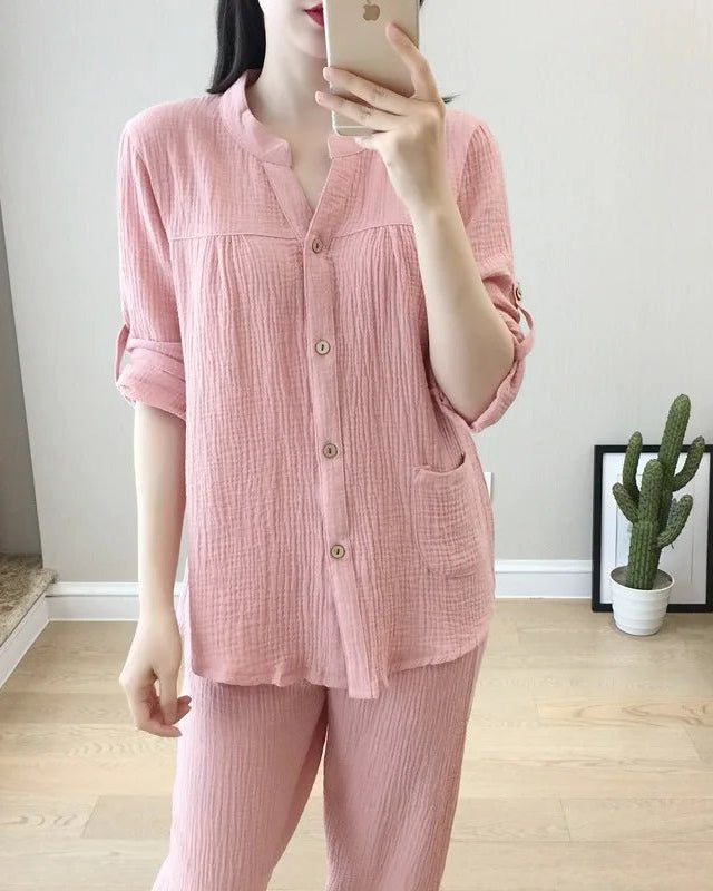 Long Sleeve Shirt & Trouser Cotton Pajamas Suit