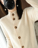 Pure Wool Half-High Collar Solid Slim Knit Cardigan