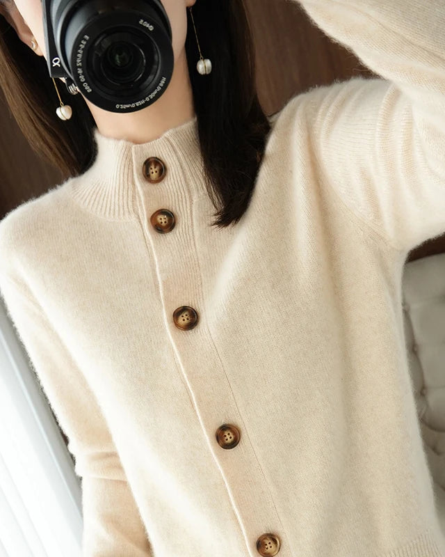 Pure Wool Half-High Collar Solid Slim Knit Cardigan