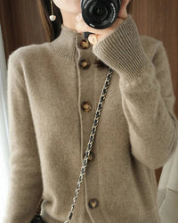 Pure Wool Half-High Collar Solid Slim Knit Cardigan