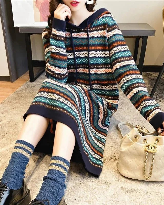 Oversized Striped Knitted Hooded Dress