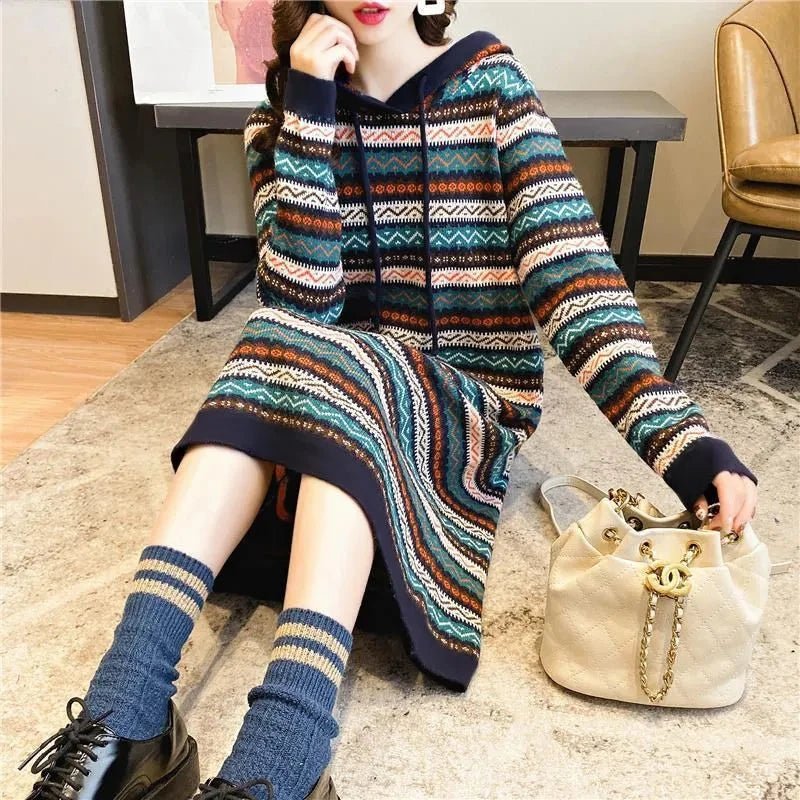 Oversized Striped Knitted Hooded Dress