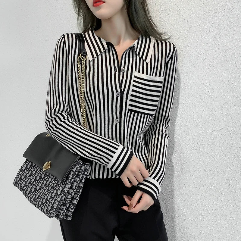 Striped Turn-down Collar Wool Knitted Shirt