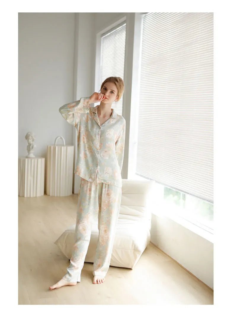 Flowers Print Shirt & Trousers Pajamas Set