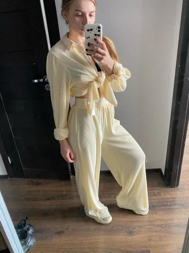 Pleated Blouse & Wide Leg Pants Set