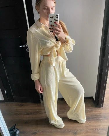 Pleated Blouse & Wide Leg Pants Set
