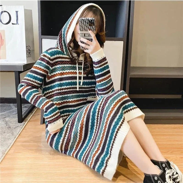 Oversized Striped Knitted Hooded Dress