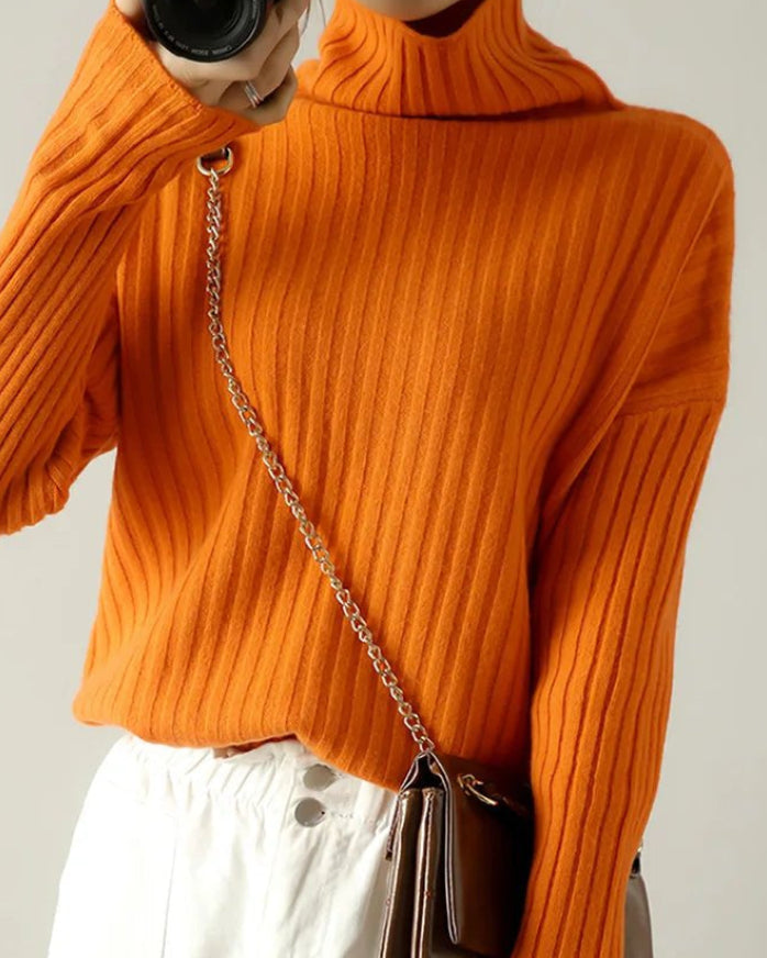 Ribbed Knit Turtleneck Wool Sweater