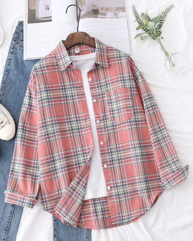 Plaid Lapel Single-Breasted Loose Shirt