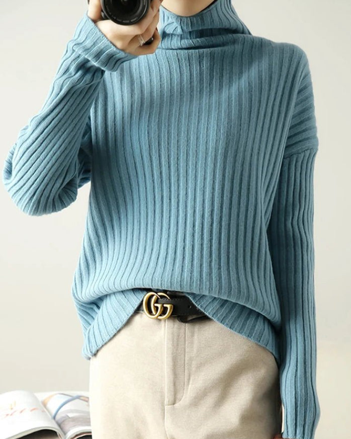 Ribbed Knit Turtleneck Wool Sweater