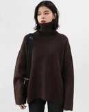Oversized Half-turtleneck mohair knit sweater for women with a relaxed, Korean-inspired silhouette. This heavyweight warm pullover features ribbed cuffs and hem, providing plush comfort and effortless style for autumn and winter layering.