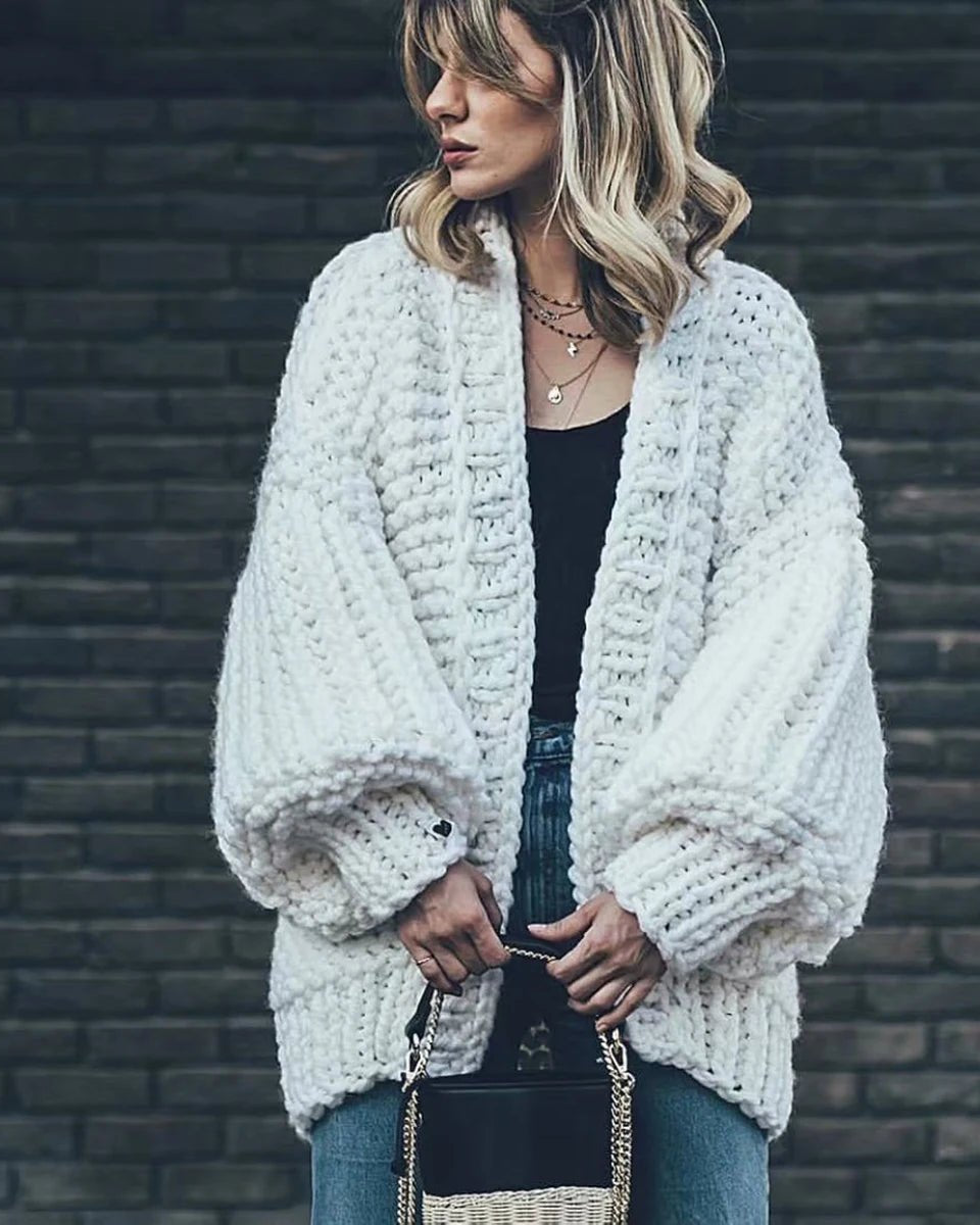Bohemian Style Knitted Lantern Sleeve Sweater Cardigan