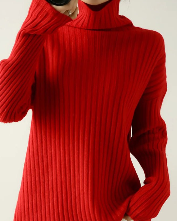 Ribbed Knit Turtleneck Wool Sweater