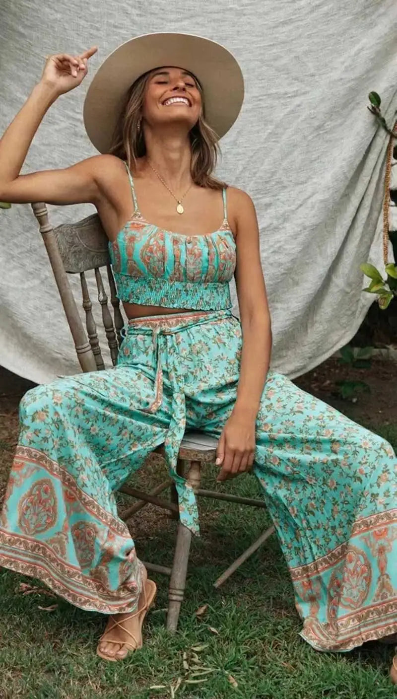 Boho Pattern Camisole & Wide Leg Pants Set