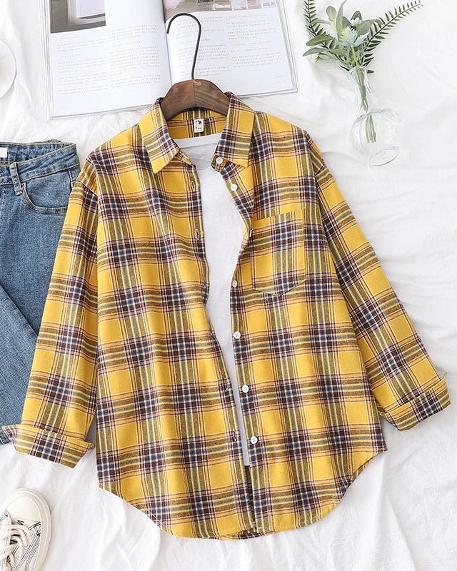 Plaid Lapel Single-Breasted Loose Shirt