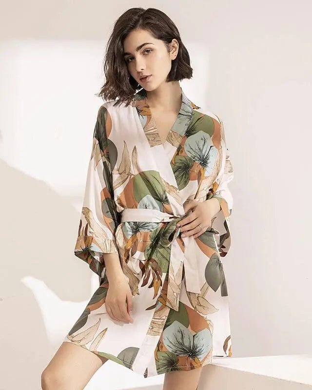 Floral Printed Silk Satin Nightgown Robe