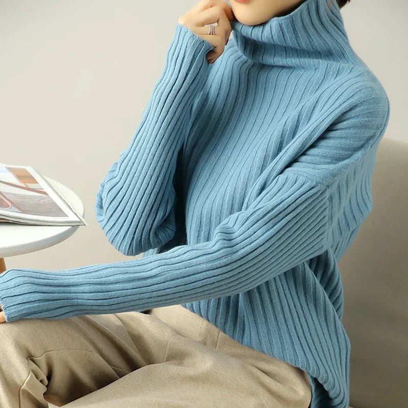 Ribbed Knit Turtleneck Wool Sweater