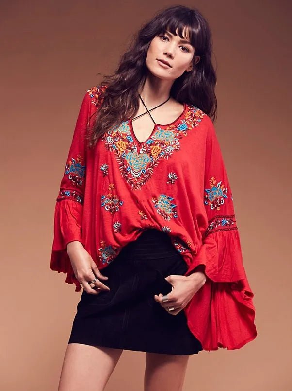 Vintage Embroidery Floral Flare Sleeve Boho Shirt Top