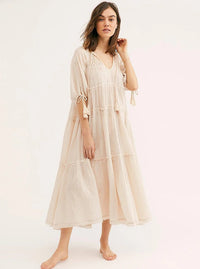 V-Neck Half Sleeve Vintage Boho Loose Cotton Dress